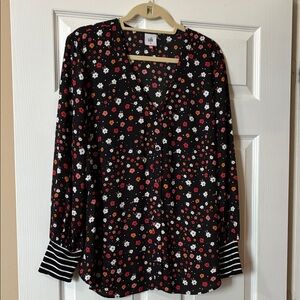 CAbi Black Floral Blouse with Striped Cuffs